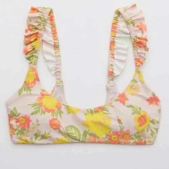 Aerie Other - Aerie Pink Yellow Floral Print Ruffle Strap Scoop Neck Lightly Padded Bikini Top